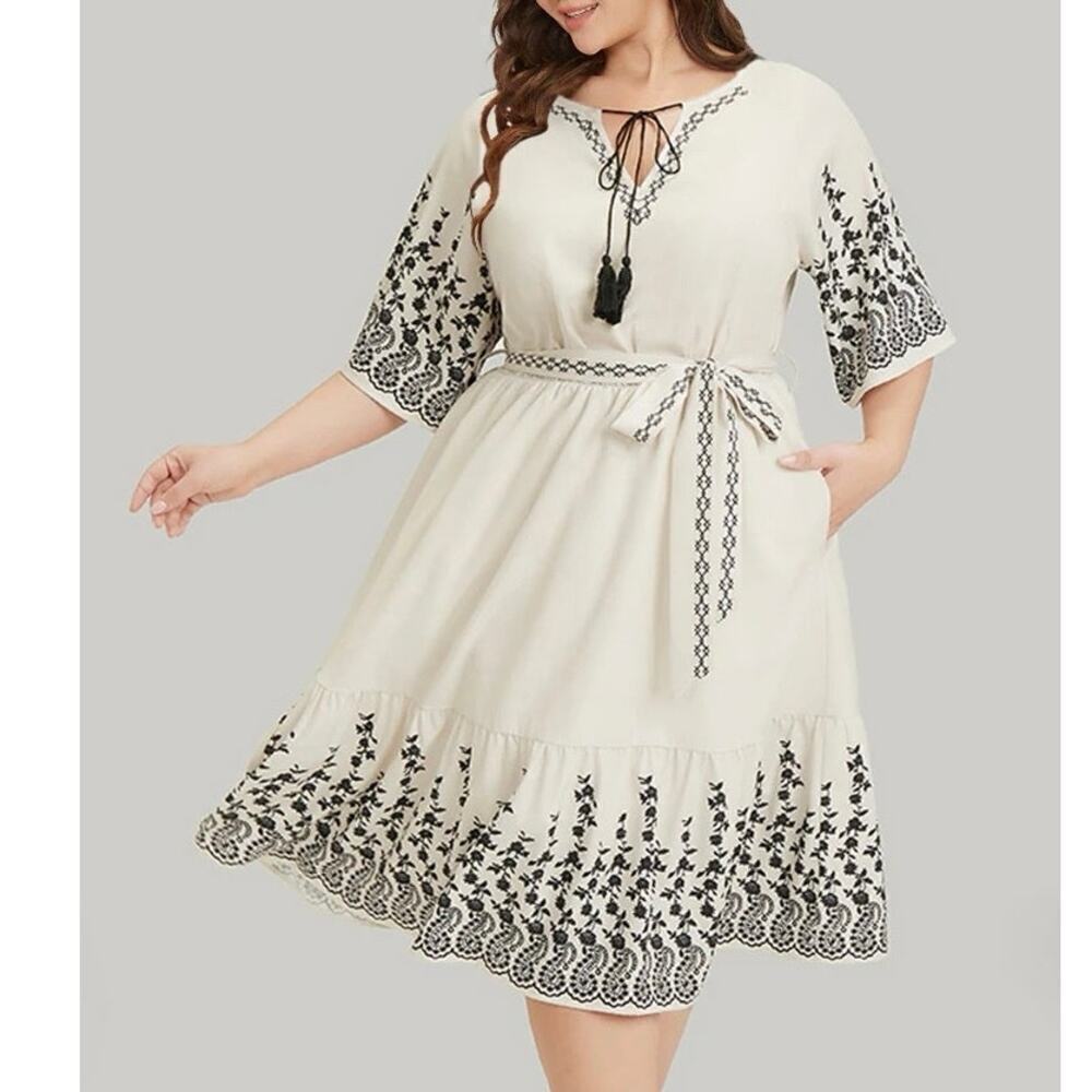 BloomChic Boho Tassel Belted Midi Dress Plus Size 30 6x with Pockets